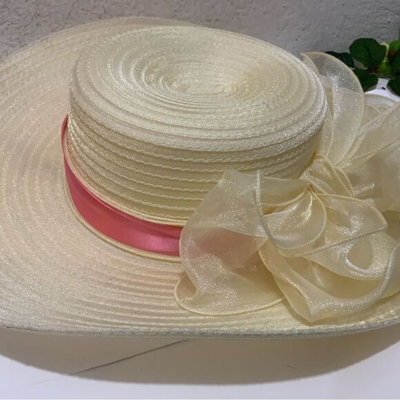 FORBUSITE Yellow and pink ribbon Lady Dress Hat Straw - Picture 6 of 8